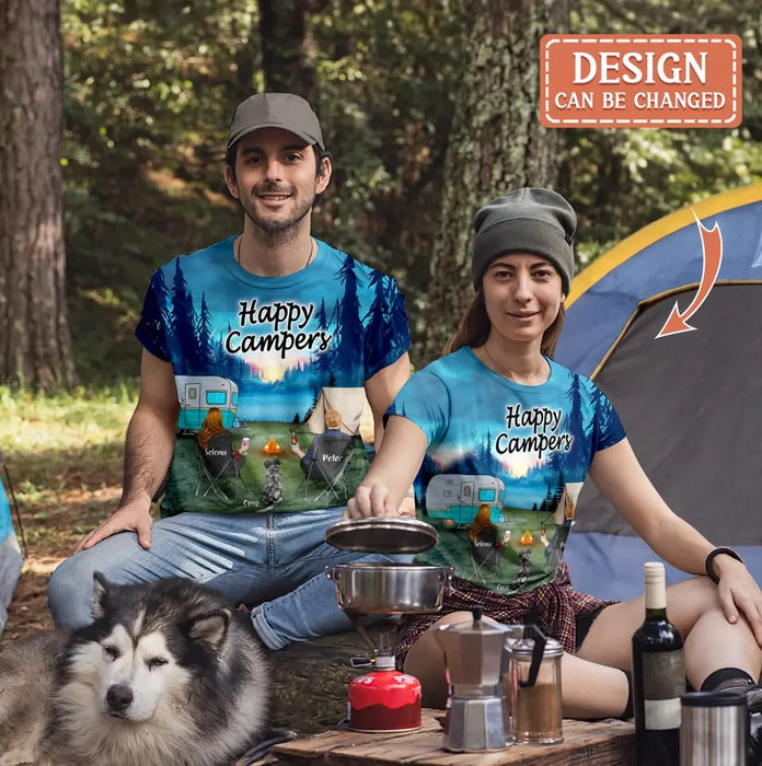 Personalized Camping AOP T-Shirt - Couple/Parents With Pets And Kids - Gift For Camping Lover/Couple/Family - Making Memories One Campsite At A Time
