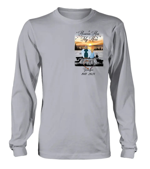 Personalized Memorial Fishing Grandpa Shirt/Hoodie - Memorial Gift Idea For Dad/Grandpa/Father's Day - Heaven Has My Hero
