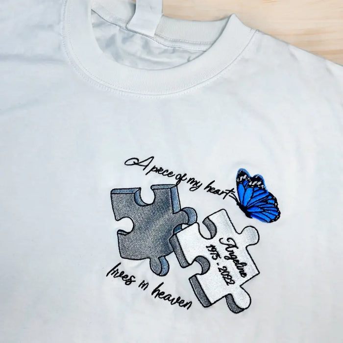Personalized Memorial Embroidered T-Shirt/Hoodie/Sweater - Up to 5 Puzzles - Memorial Gift for Mother's Day/Father's Day - A Piece Of My Heart Lives In Heaven