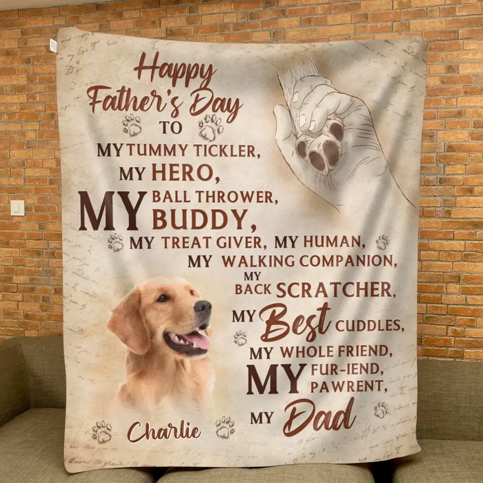 Personalized Father's Day Fleece Throw Blanket - Gift Idea For Dog Owner - Upload Dog Photo - Happy Father's Day To My Hero