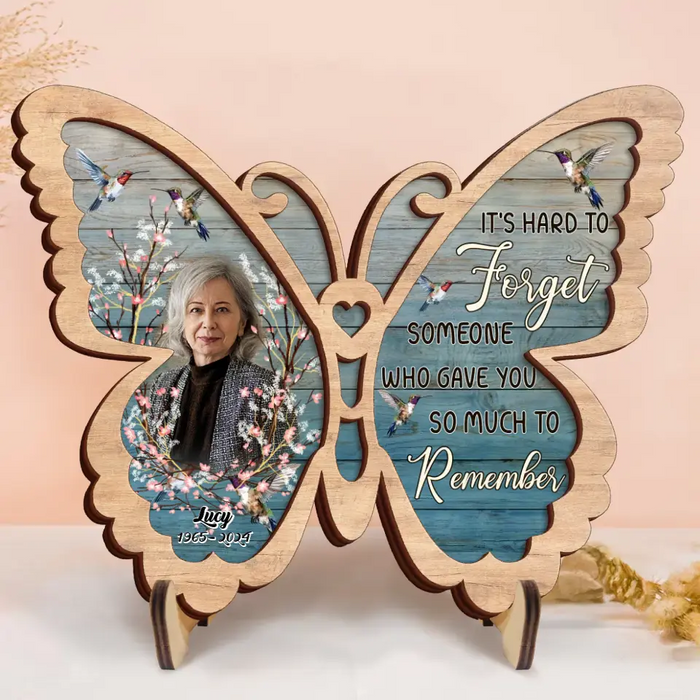 Personalized Memorial Butterfly 2 Layered Wooden Art - Upload Photos - Gift Idea For Family Member - It's Hard To Forget Someone Who Gave You So Much To Remember
