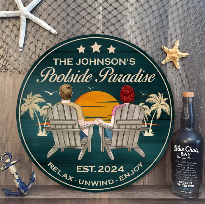 Personalized Poolside Paradise Wooden Sign - Gift Idea For Couple/Husband And Wife - Relax Unwind Enjoy