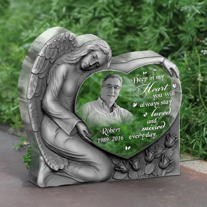 Personalized Angel Heart Memorial Acrylic Plaque - Memorial Gift Idea For Christmas/Family Member - Upload Photo - Deep In My Heart You Will Always Stay Loved And Missed Every Day