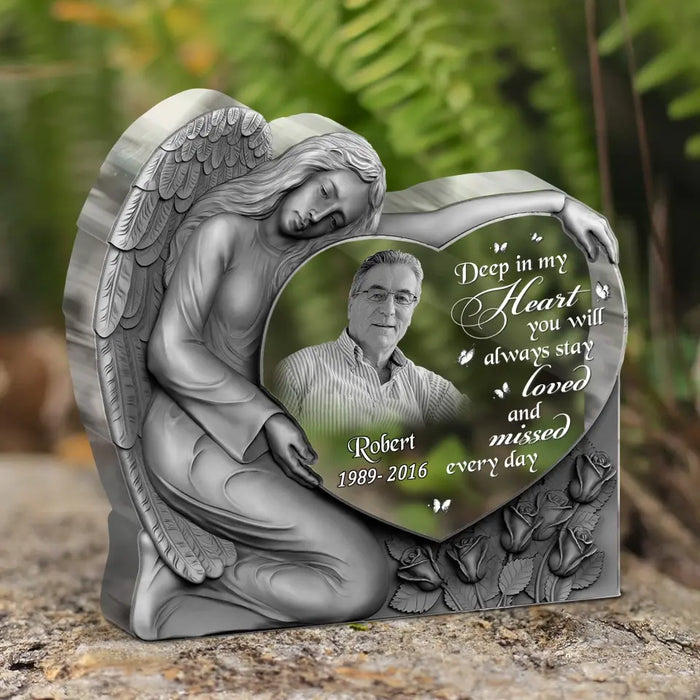 Personalized Angel Heart Memorial Acrylic Plaque - Memorial Gift Idea For Christmas/Family Member - Upload Photo - Deep In My Heart You Will Always Stay Loved And Missed Every Day