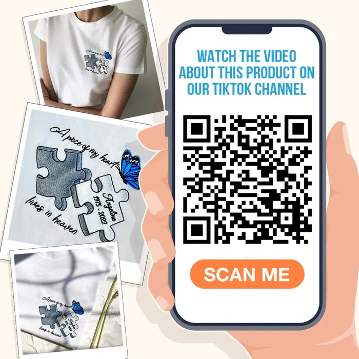 Personalized Memorial Embroidered T-Shirt/Hoodie/Sweater - Up to 5 Puzzles - Memorial Gift for Mother's Day/Father's Day - A Piece Of My Heart Lives In Heaven