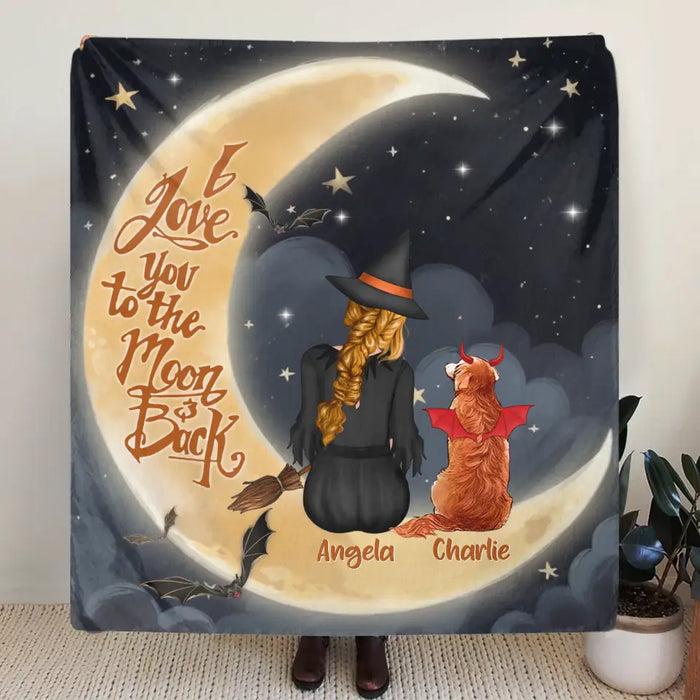 Personalized Witch Dog Quilt/Fleece Throw Blanket - Gift Idea For Dog Lover - I Love You To The Moon & Back