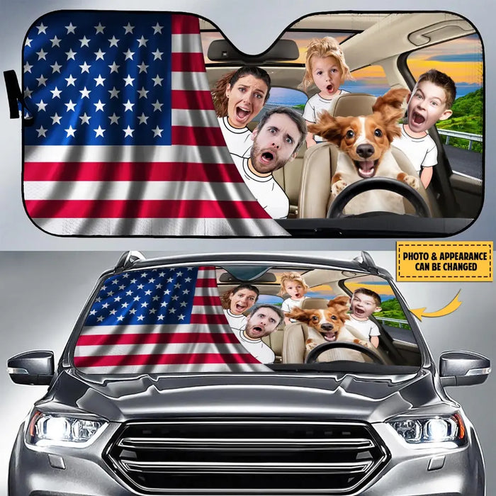 Personalized Photo Dog Driving Family Trip Auto Windshield Sunshade - Couple With Kids And Dog- Gift Idea For Family/Couple/Dog Lover