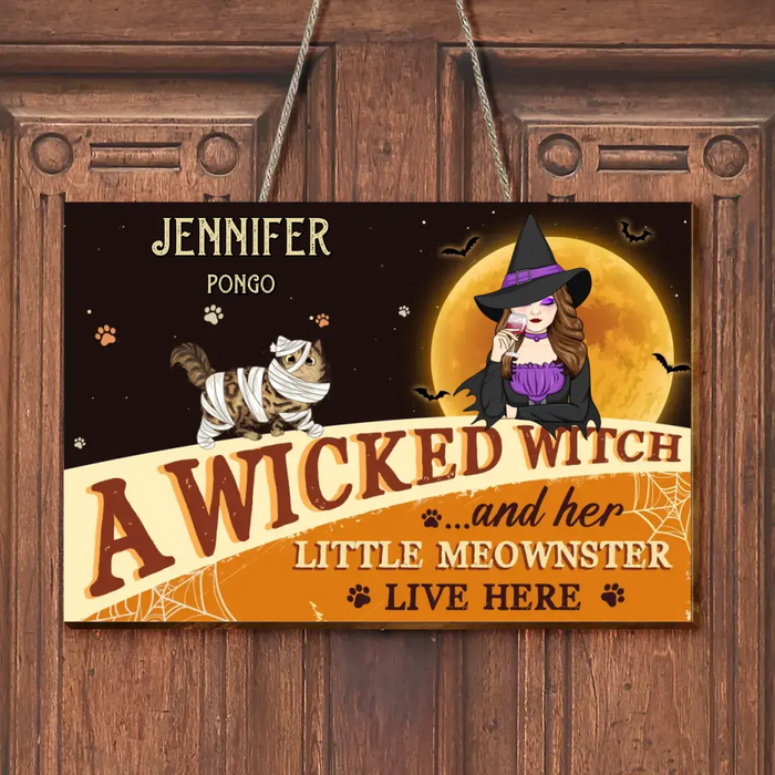 Personalized Witch Cat Wooden Sign - Halloween Gift Idea For Family/Pet Lover - Up to 6 Cats - A Wicked Witch And Her Little Meownster Live Here