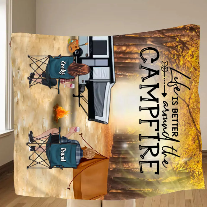 Personalized Autumn Camping Quilt/Fleece Throw Blanket - Couple/Parents With Up to 3 Kids And 4 Pets - Gift For Camping Lovers - Life Is Better Around The Campfire