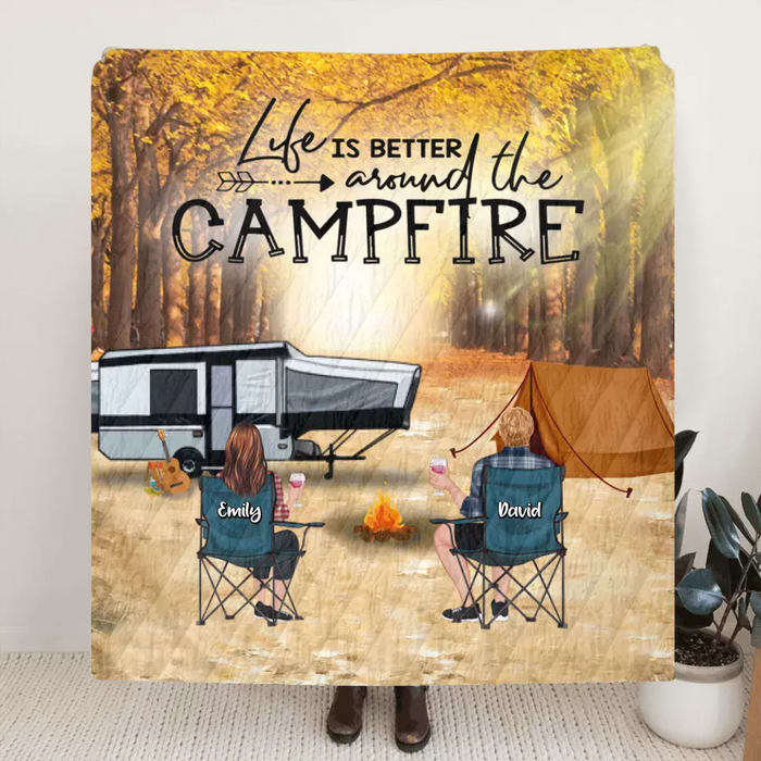 Personalized Autumn Camping Quilt/Fleece Throw Blanket - Couple/Parents With Up to 3 Kids And 4 Pets - Gift For Camping Lovers - Life Is Better Around The Campfire