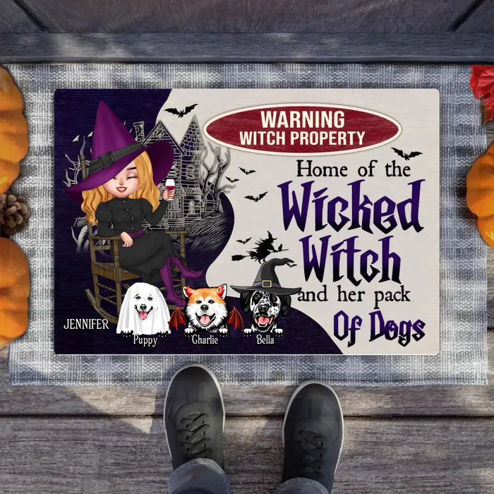 Custom Personalized Warrning Witch Property Doormat - Halloween Gift Idea For Witch/ Dog Lovers With Up To 3 Dogs - Home Of The Wicked Witch And Her Pack Of Dogs