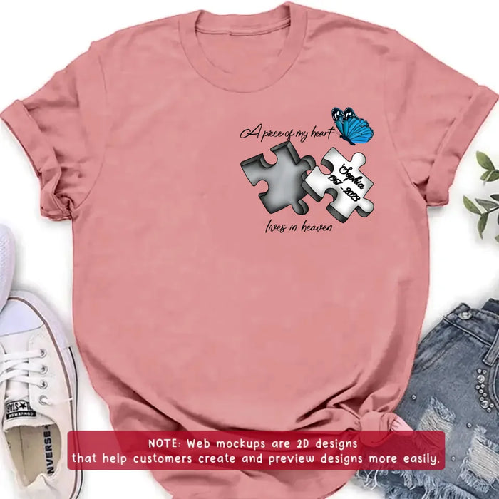 Personalized Memorial Embroidered T-Shirt/Hoodie/Sweater - Up to 5 Puzzles - Memorial Gift for Mother's Day/Father's Day - A Piece Of My Heart Lives In Heaven