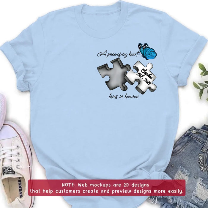 Personalized Memorial Embroidered T-Shirt/Hoodie/Sweater - Up to 5 Puzzles - Memorial Gift for Mother's Day/Father's Day - A Piece Of My Heart Lives In Heaven