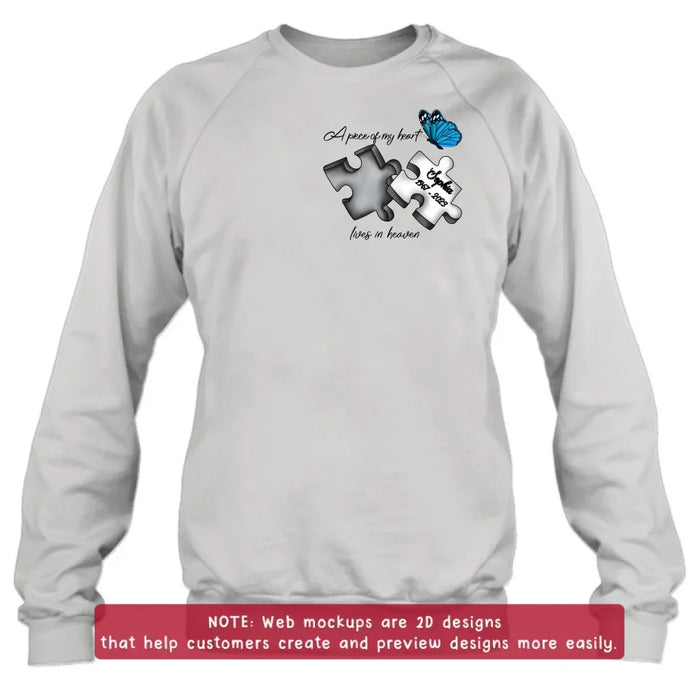 Personalized Memorial Embroidered T-Shirt/Hoodie/Sweater - Up to 5 Puzzles - Memorial Gift for Mother's Day/Father's Day - A Piece Of My Heart Lives In Heaven