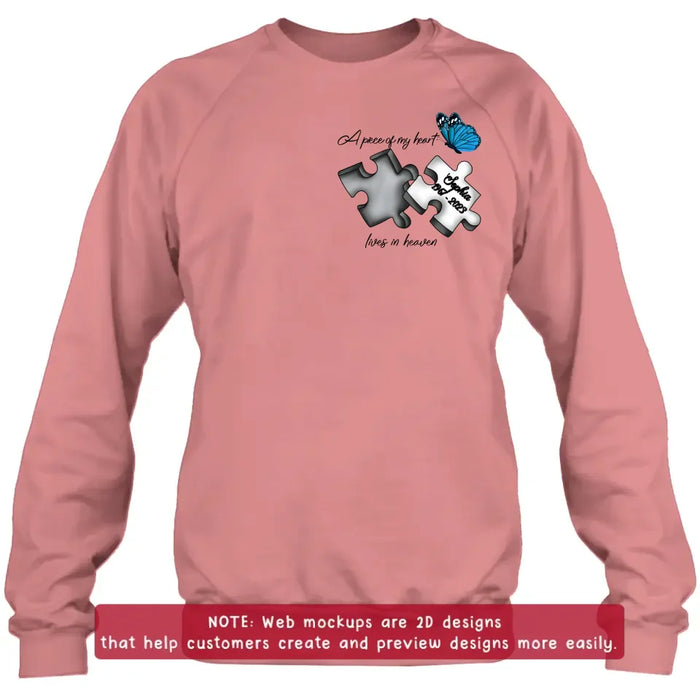 Personalized Memorial Embroidered T-Shirt/Hoodie/Sweater - Up to 5 Puzzles - Memorial Gift for Mother's Day/Father's Day - A Piece Of My Heart Lives In Heaven