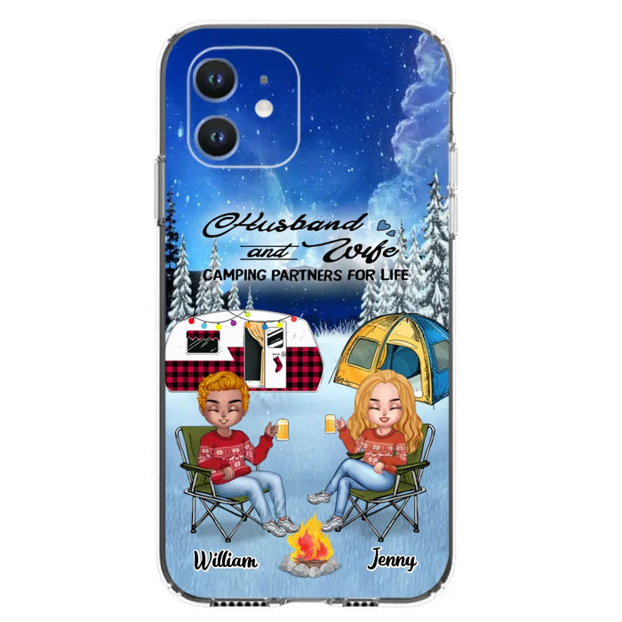 Personalized Camping Couple Xmas Phone Case - Christmas Gift For Couple/Camping Lover/ Dog Lover - Couple With Up to 4 Dogs - Husband And Wife Camping Partners For Life - Case For iPhone And Samsung