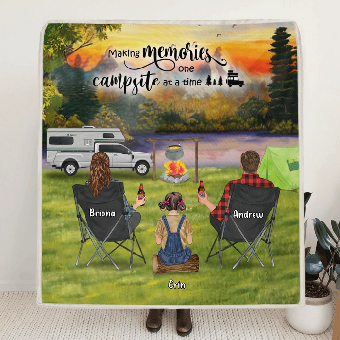 Personalized Camping Fleece Blanket - Parents Up to 3 Kids & 3 Dogs - Gift Idea For The Whole Family - Making Memories One Campsite At A Time