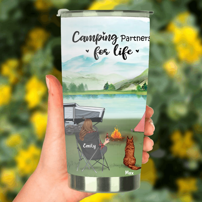 Personalized Camping Tumbler Gift For Whole Family, Camping Lovers - Single Parent/Couple/Parents With Up to 3 Children - 3 Pets - Camping Partners For Life