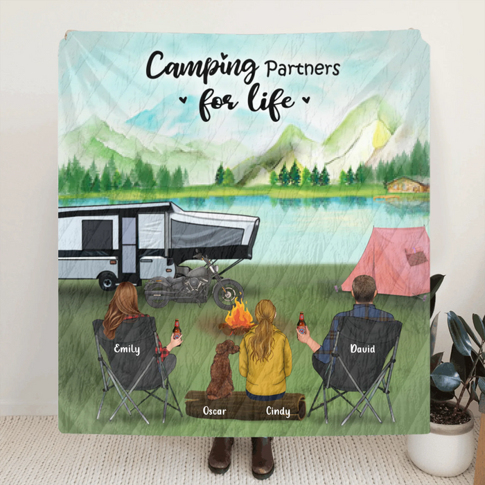Personalized Camping Blanket - Family with 1 Child and Up to 5 Pets Camping Blanket - Gift Idea For Family, Camping Lovers - Camping Partners For Life - 3KFOG2