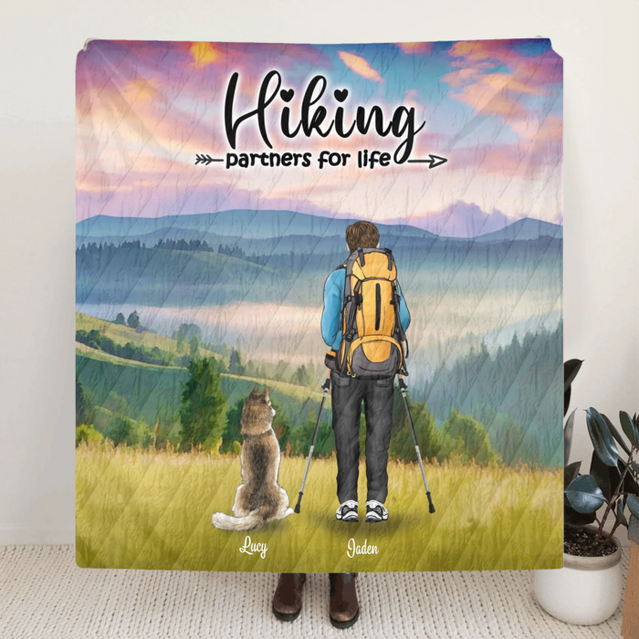Personalized Hiking Quilt/Fleece Blanket - Best Gift Idea For Couple - Couple With Up to 3 Pets - Gifts For Hiking Lovers For Father's Day - Hiking Partners For Life