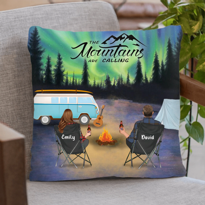 Personalized Camping Throw Pillow Cover - Parents With Up to 6 Kids and 6 Pets - Best Gift For Camping Lovers - The Mountains Are Calling