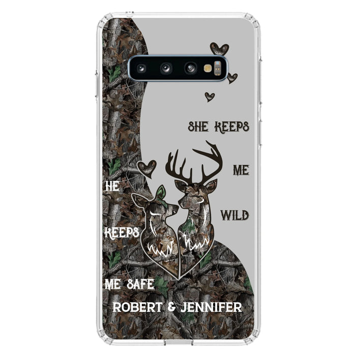 Custom Personalized Deer Couple Phone Case - Gift Idea For Couple - He Keeps Me Safe She Keeps Me Wild - Case For iPhone/Samsung