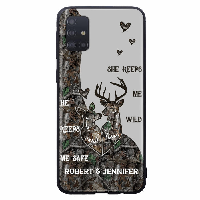 Custom Personalized Deer Couple Phone Case - Gift Idea For Couple - He Keeps Me Safe She Keeps Me Wild - Case For iPhone/Samsung