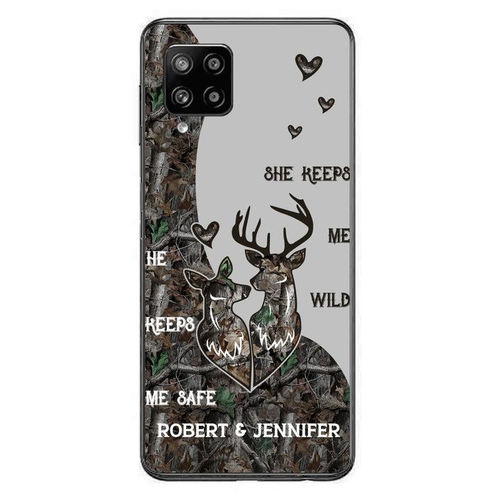 Custom Personalized Deer Couple Phone Case - Gift Idea For Couple - He Keeps Me Safe She Keeps Me Wild - Case For iPhone/Samsung