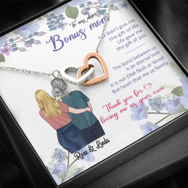Personalized Message Card Interlocking Heart Necklace Jewelry - Best Gift For Mother's Day - To My Bonus Mom