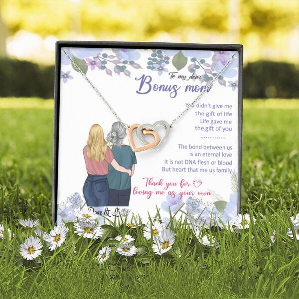 Personalized Message Card Interlocking Heart Necklace Jewelry - Best Gift For Mother's Day - To My Bonus Mom