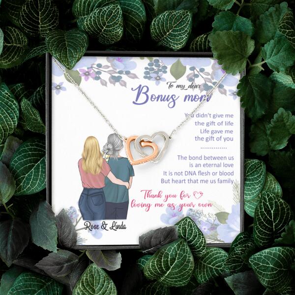Personalized Message Card Interlocking Heart Necklace Jewelry - Best Gift For Mother's Day - To My Bonus Mom