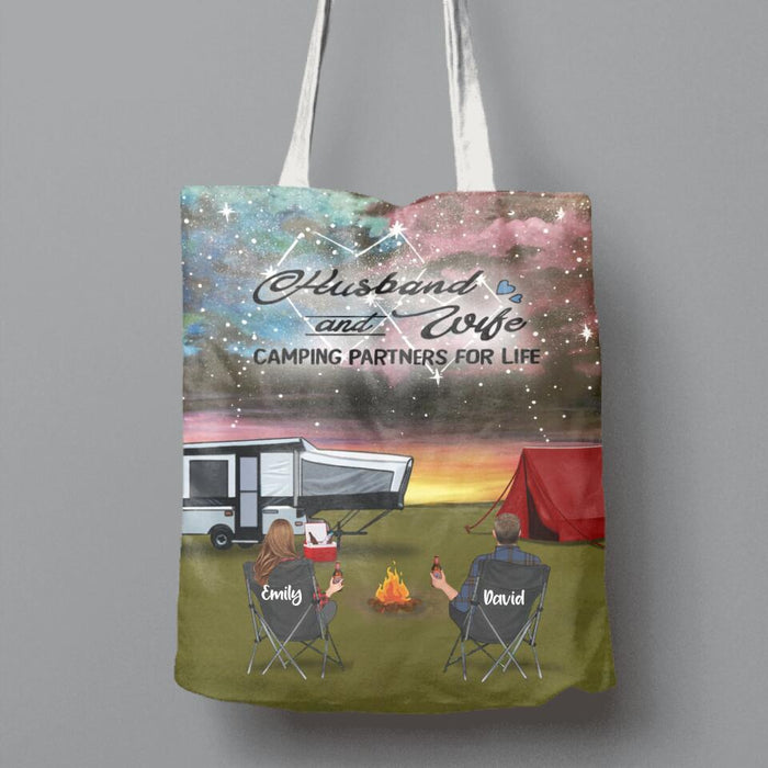 Personalized Camping Canvas Bag - Couple With Up to 3 Kids And 4 Pets - Gift Idea For Camping Lover - Husband And Wife Camping Partners For Life