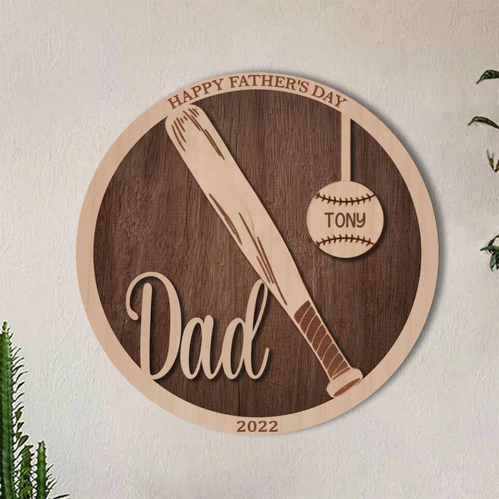 Personalized Baseball Double-layer Round Wooden Sign - Gift Idea From Kids to Father with up to 5 Kids - Father's Day 2023 Gift