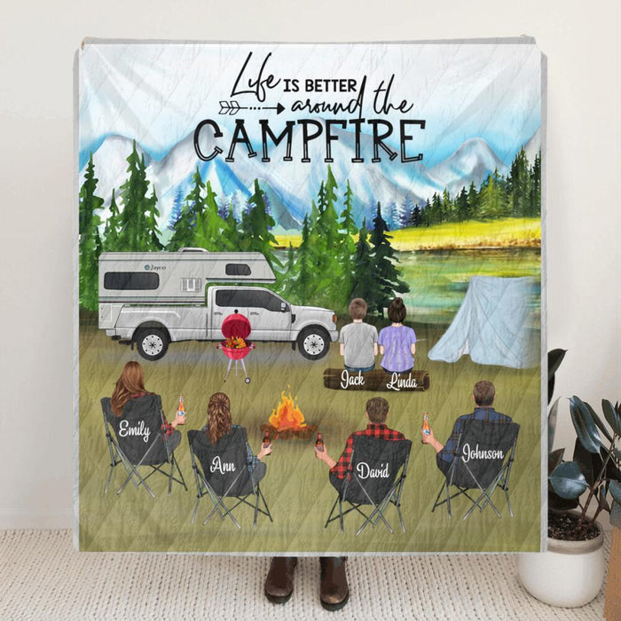 Personalized camping quilt blanket - 4 adults with 2 kids mountain camping quilt - gift idea for family, camping lovers - Life Is Better Around The Campfire