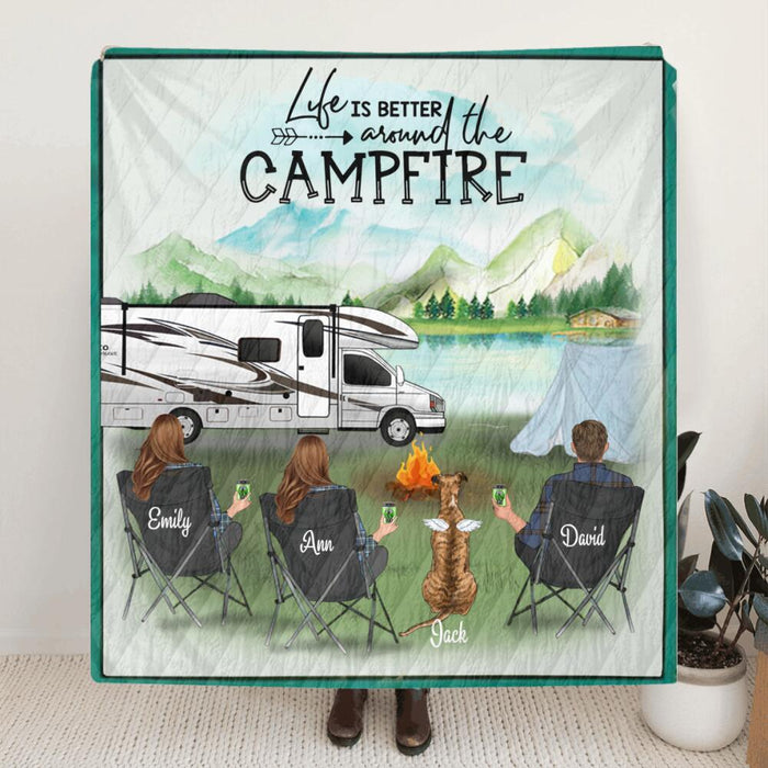 Personalized Camping Quilt Blanket - Two Women With 1 Man and 1 Pet - Gift Idea For Camping Lovers - Life Is Better Around The Campfire