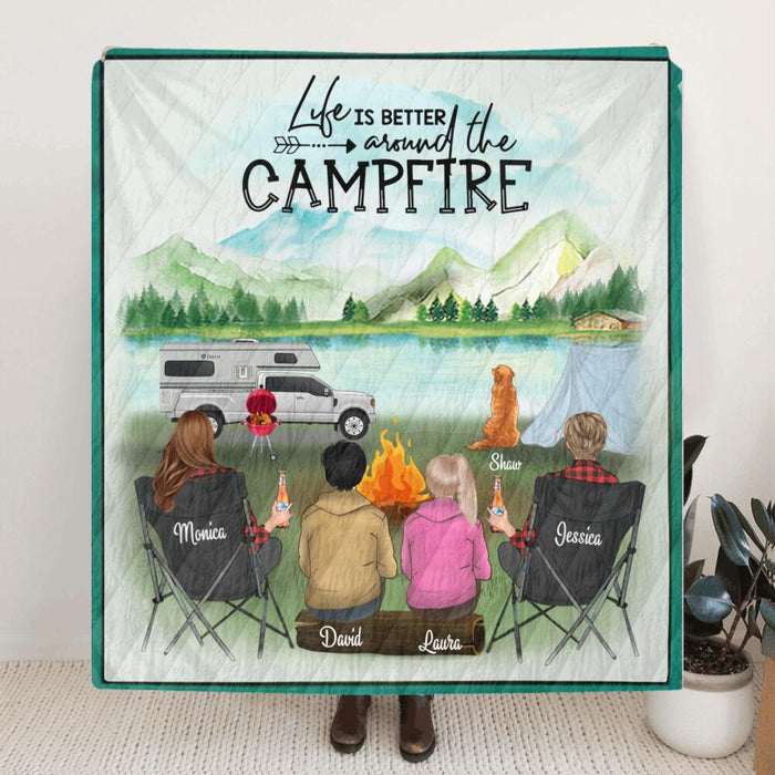 Personalized Camping Quilt Blanket - 2 Women with 2 Teens & 1 Pet - Gift For Same Sex Couple - Life Is Better Around The Campfire