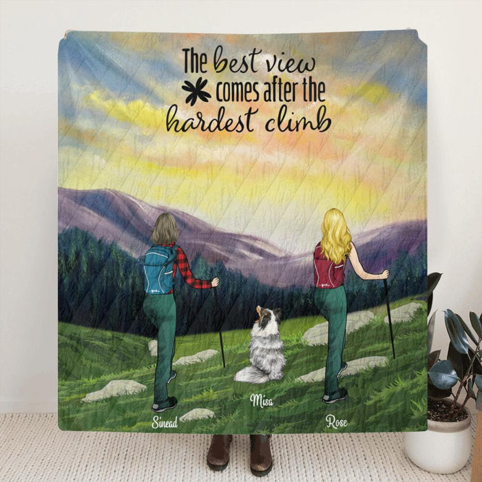 Custom Personalized Sunrise Hiking Fleece Blanket/ Quilt Blanket - 2 Women 1 Dog - Best Gift For Couple/Friends - The Best View Comes After The Hardest Climb - BHN3H5