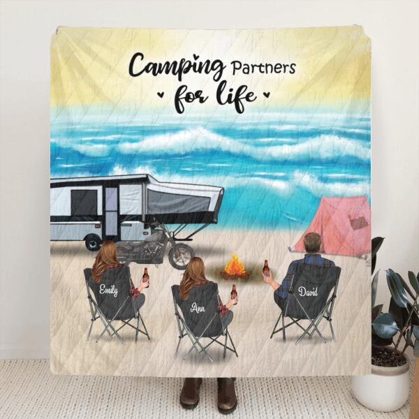 Personalized camping quilt/fleece blanket - Upto 4 Adults and Pets camping at the beach - Gift idea for family, camping lovers - Camping Partners For Life -