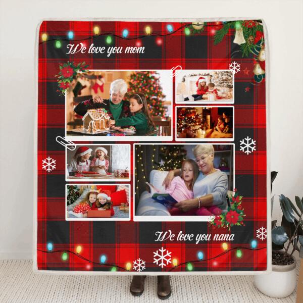 Custom Personalized Photo Quilt/Fleece Blanket & Pillow Cover  - Upto 6 Photos - Best Gift For Couple/Family - We Love You Mom