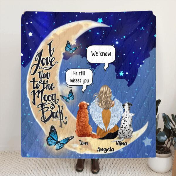 Custom Personalized Memorial People And Pet Loss Pillow Cover & Quilt/Fleece Blanket - Upto 4 Pets - Memorial Gift Idea For Dog/Cat Lover - I Love You To The Moon And Back