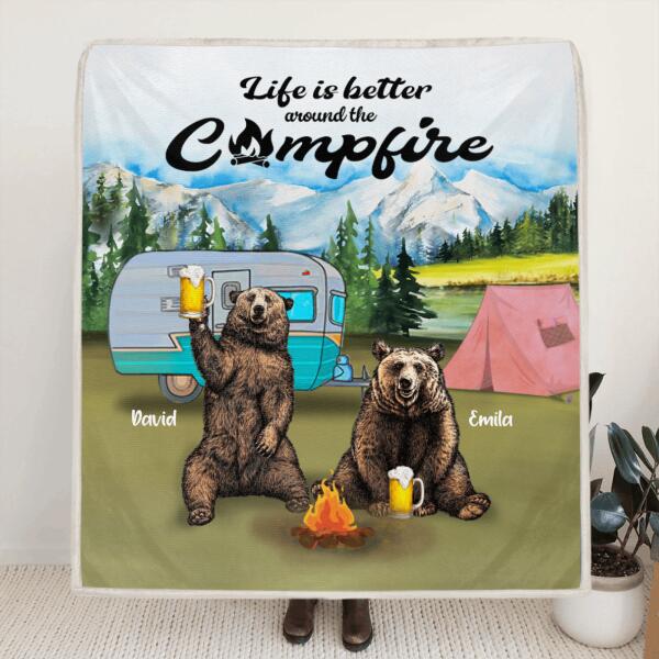 Custom Personalized Couple Bear Husband Wife Camping Quilt/ Fleece Blanket - Gift For Couple - Life Is Better Around The Camfire