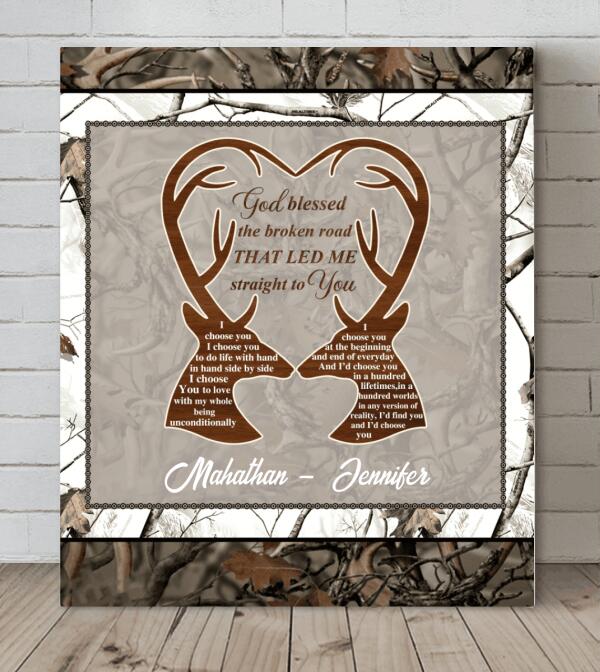 Custom Personalized Deer Hunting Heart Canvas - Gift Idea For Couple - God Blessed The Broken Road That Led Me Straight To You