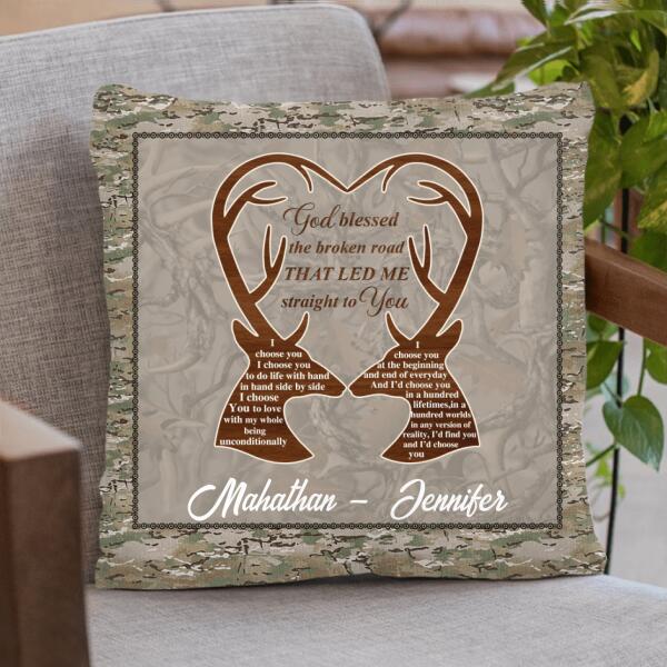 Custom Personalized Deer Hunting Heart Pillow Cover & Quilt/ Fleece Blanket - Gift Idea For Couple - God Blessed The Broken Road That Led Me Straight To You