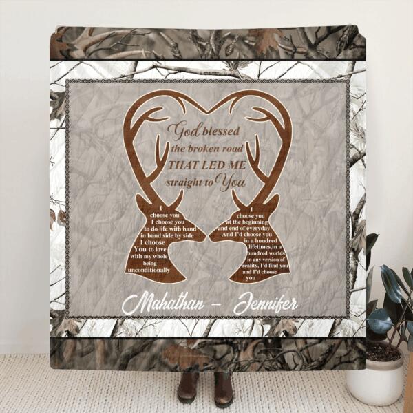 Custom Personalized Deer Hunting Heart Pillow Cover & Quilt/ Fleece Blanket - Gift Idea For Couple - God Blessed The Broken Road That Led Me Straight To You