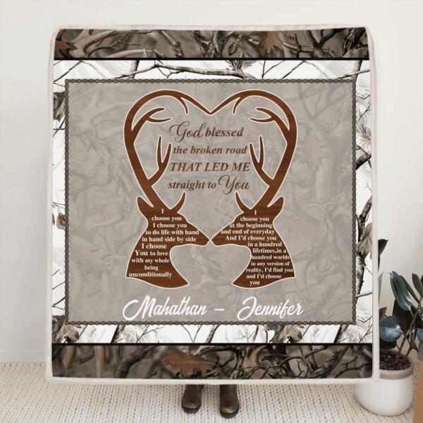 Custom Personalized Deer Hunting Heart Pillow Cover & Quilt/ Fleece Blanket - Gift Idea For Couple - God Blessed The Broken Road That Led Me Straight To You