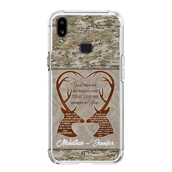 Custom Personalized Deer Hunting Heart Phone Case - Gift Idea For Couple - God Blessed The Broken Road That Led Me Straight To You - Case For iPhone And Samsung