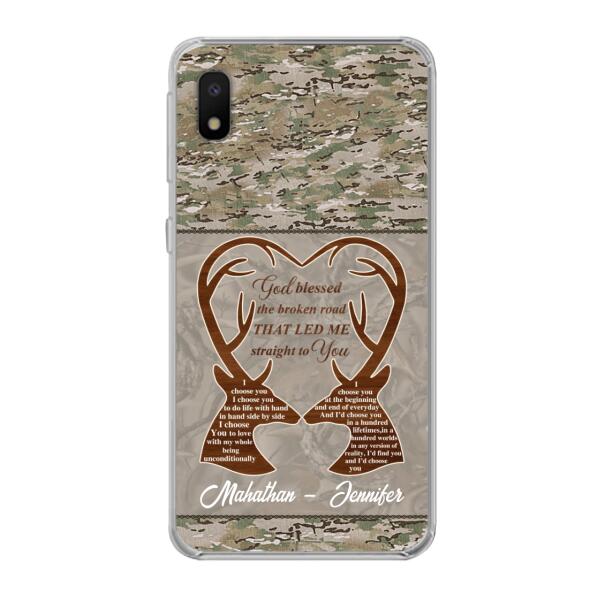 Custom Personalized Deer Hunting Heart Phone Case - Gift Idea For Couple - God Blessed The Broken Road That Led Me Straight To You - Case For iPhone And Samsung