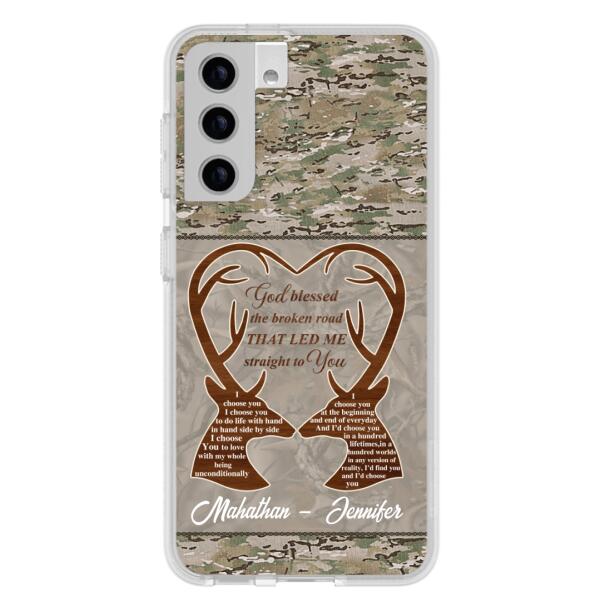 Custom Personalized Deer Hunting Heart Phone Case - Gift Idea For Couple - God Blessed The Broken Road That Led Me Straight To You - Case For iPhone And Samsung