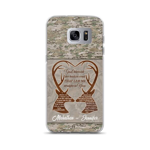 Custom Personalized Deer Hunting Heart Phone Case - Gift Idea For Couple - God Blessed The Broken Road That Led Me Straight To You - Case For iPhone And Samsung