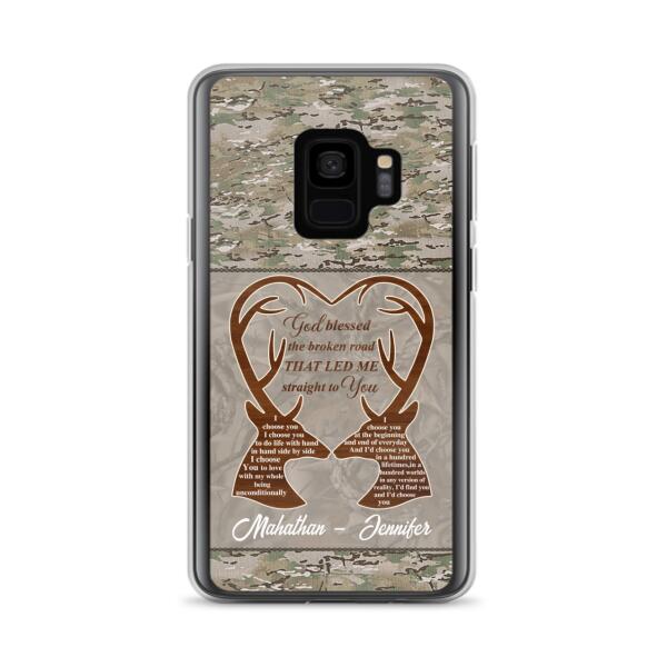 Custom Personalized Deer Hunting Heart Phone Case - Gift Idea For Couple - God Blessed The Broken Road That Led Me Straight To You - Case For iPhone And Samsung